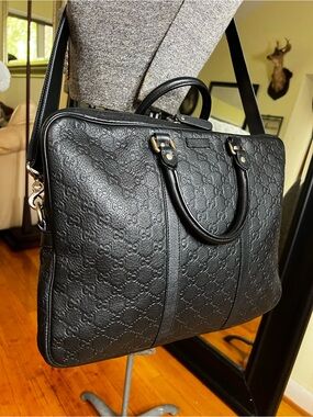 Gucci Black GG Monogram Leather Briefcase Case Bag + Entrupy COA & Dustbag